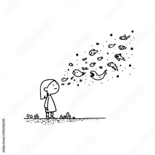 A young girl blows fish and leaves into the air with a smile standing in a field with a carefree and whimsical atmosphere