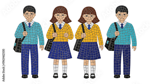 School Uniform Students Ready to Learn: A group of students in identical school uniforms, shoulder bags, and cheerful expressions stands ready to embrace their education.
