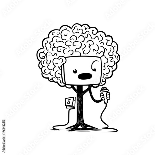 Cartoon tree with afro hairstyle holding microphone and money symbolizing financial success in entertainment