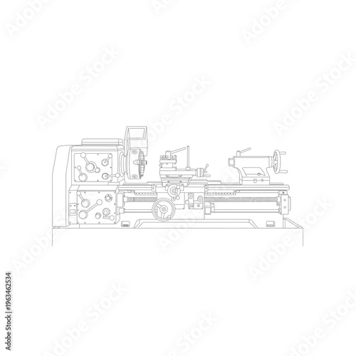 Industrial lathe machine technical drawing line art for manufacturing engineerin