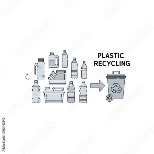 Plastic recycling process line art vector illustration