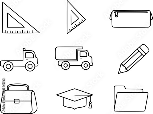 Collection of simple line depicting school supplies and vehicles education transport