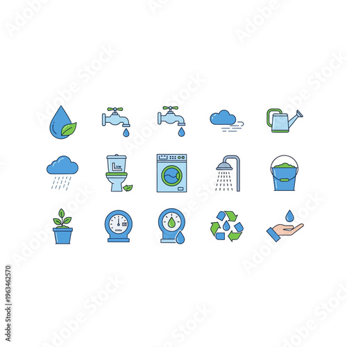 Water conservation icons ecology environment save resource set