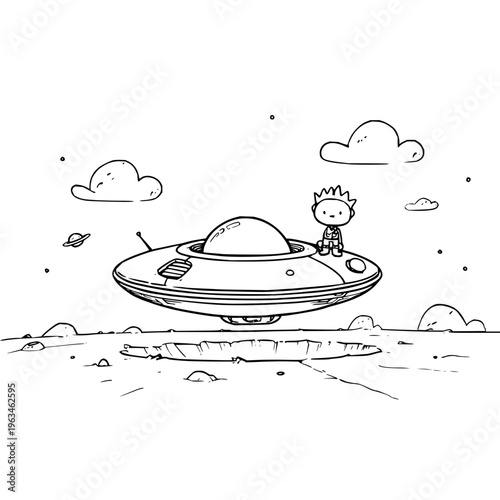 Cartoon boy sitting on a flying saucer in space with clouds and rocks black and white illustration