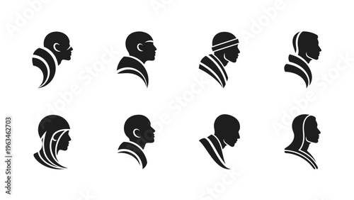 black silhouettes of people heads in various profiles