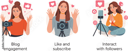 Social media influencer content creation, blog engagement strategy, like and subscribe concept, interacting with followers, digital marketing illustration vector