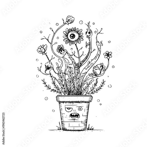 Whimsical illustration of a potted plant with a face and surreal floral elements in a black and white line drawing style