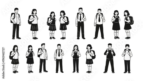 School Kids Silhouette: Illustrative silhouettes of diverse students, each bearing a backpack and clad in uniforms, stand ready for education.