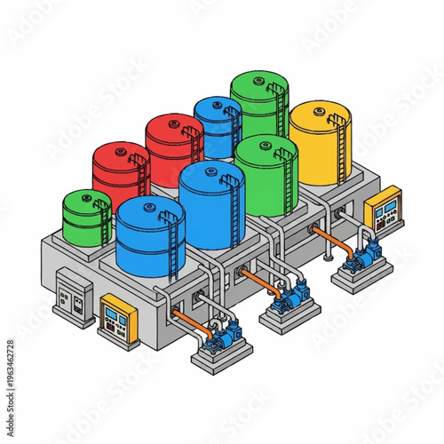 Isometric Industrial Storage Tanks and Pumping Station Illustration.
