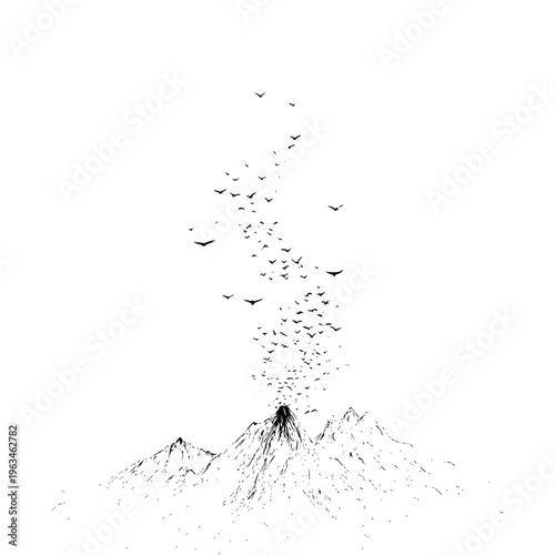 Flock of birds flying over mountain range in black and white illustration with minimalist landscape