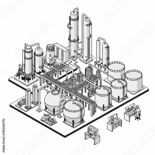 Isometric line drawing of a large industrial chemical plant or refinery complex.