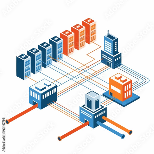 Isometric Network Infrastructure with Connected Buildings and Servers.