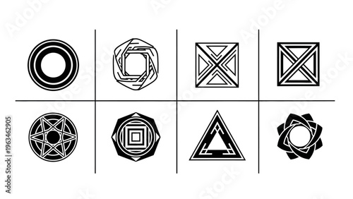 Set of geometric shapes and symbols in black and white