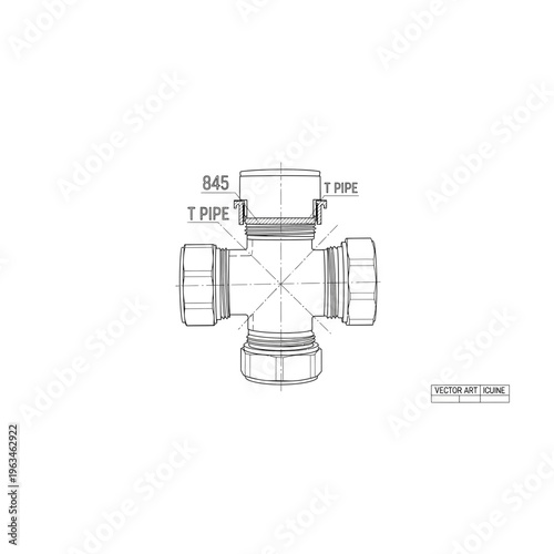 Cross pipe fitting technical engineering drawing