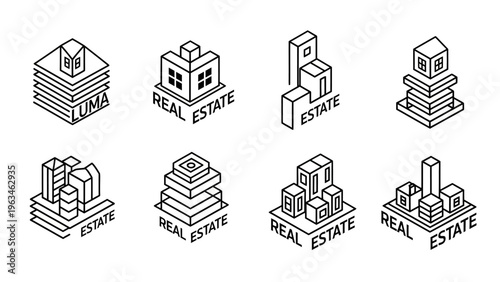 Set of isometric real estate icons, buildings and houses