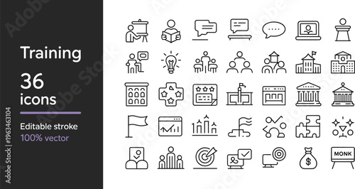 Professional training and education icon set with thirty six linear symbols for corporate learning workshop and online school,