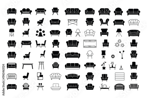 Collection of Furniture Icons: Sofas Chairs Tables Lamps in Black Silhouette Style