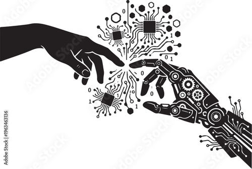 Human and Robotic Hand Fingertips Meeting with Circuit Board Burst Silhouette