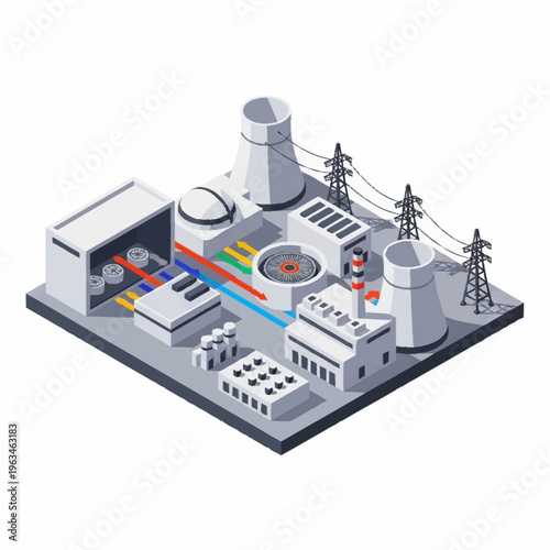 Isometric Power Plant with Cooling Towers and Electrical Grid.