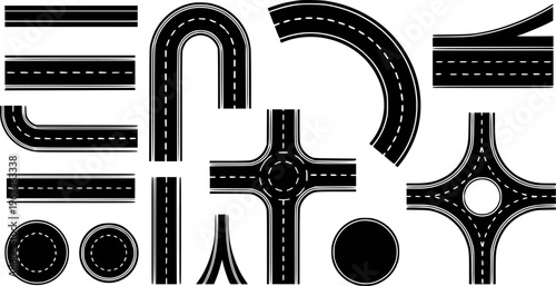 Collection of black asphalt road segments with white dashed lines and various intersections