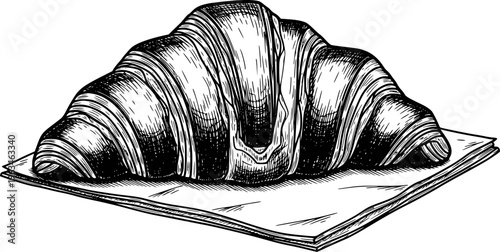 Detailed black and white of a flaky croissant resting a stack of paper napkins pastry