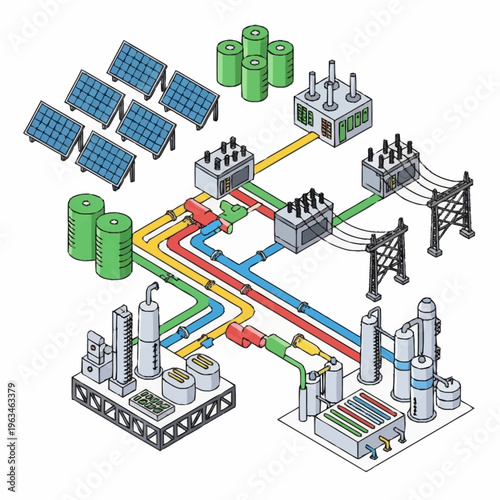 Isometric Smart Grid System with Solar Panels and Energy Storage.