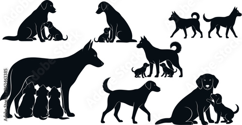 Mother dog with puppies silhouettes set showing nursing caring walking and sitting canine family pet vector illustration