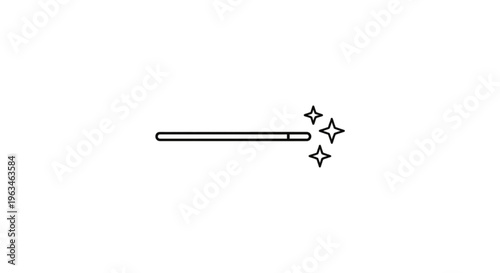 Minimalist magic wand line icon with sparkling stars isolated on white background.