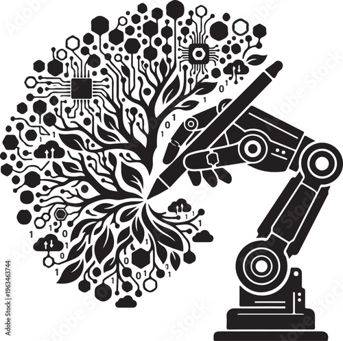 Robotic Hand with Stylus Creating Intricate Hexagon and Leaf Pattern Silhouette