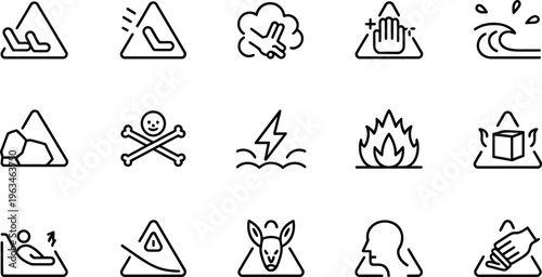 Collection of icons representing various natural hazards and safety symbols Vector, illustration
