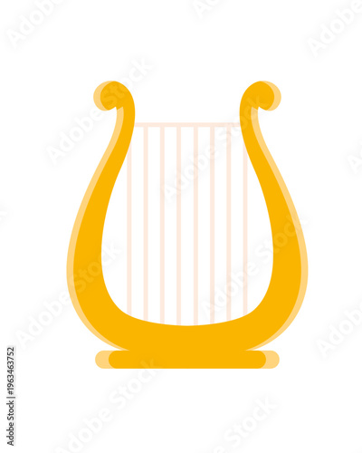 Golden lyre harp icon with delicate strings, simple classical music emblem isolated on light background in elegant flat vector style