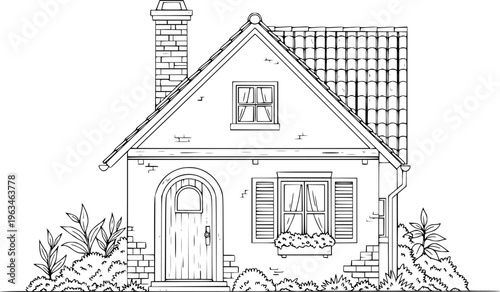 Charming Hand Drawn Outline of a Cozy Brick House with Arched Door and Garden home