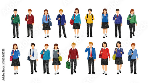 School Days Uniform: A group of diverse students in school uniform, showcasing youthful energy, ready for the day's lessons, walking towards an exciting future, dressed in their smart attire.
