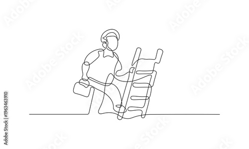 Continuous one line drawing of a handyman carrying a ladder