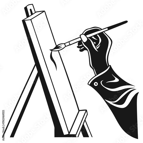 Black and white, vector illustration of artist's hand holding paintbrush, painting on canvas, artistic creation, creative process