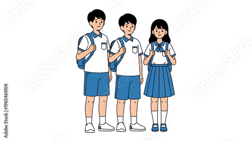 Schoolmates Ready for a New Day: Three young students, dressed in their school uniforms, stand together, backpacks at the ready, embodying the spirit of education and anticipation. 