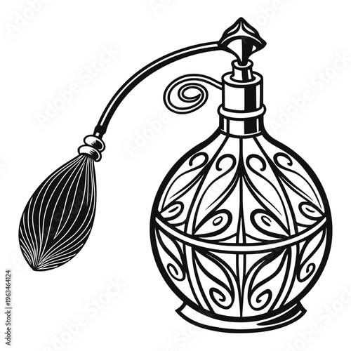 Perfume bottle, vintage perfume, luxury fragrance, black and white illustration