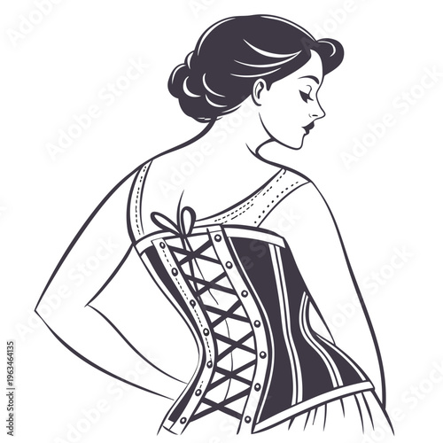 Vintage woman, corset illustration, black and white, fashion design element, historical clothing