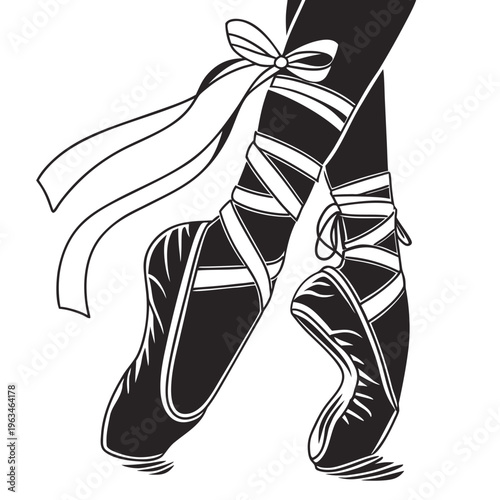 Ballet, dance, pointe shoes, black and white, vector illustration, ribbons, footwear, performance, artistic, elegant