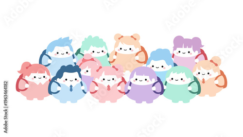 Colorful Squad: A vibrant gathering of endearing, round characters in soft pastel hues, exuding a sense of joy and playful companionship. Capturing the essence of unity and delight.