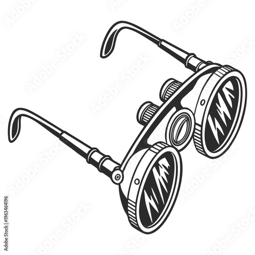 Vintage binoculars, antique optics, black and white illustration, magnifying glass, outdoor exploration tool