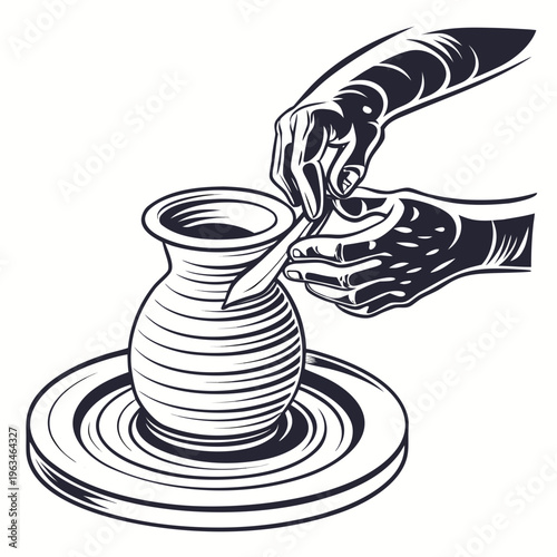 Pottery making, ceramic art, hand building, black and white illustration, vector graphics