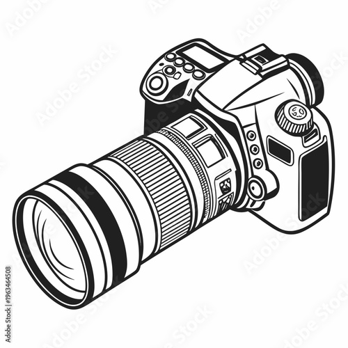 Camera, DSLR, photography equipment, black and white, vector illustration, graphic resource