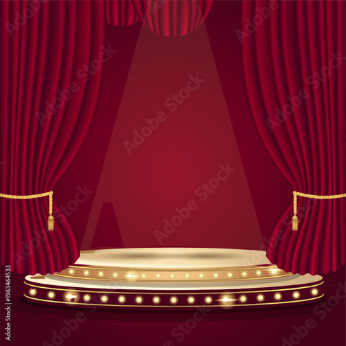 Luxurious theater stage with rich red curtains, glowing circular podium, and central spotlight, elegant performance background in detailed vector style