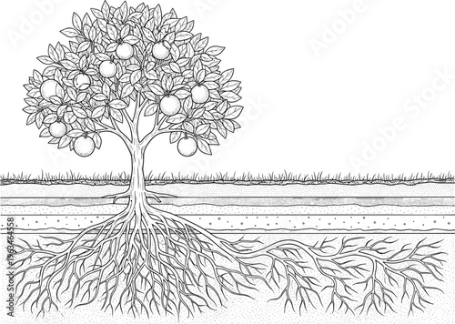Citrus tree with root system detailed botanical line art vector illustration showing plant anatomy underground roots and fruit bearing canopy