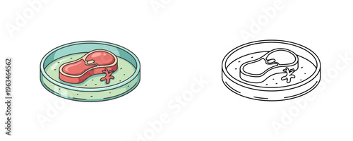 Vector cartoon illustrations of lab-grown meat steak in a Petri dish shown in colored and black outline versions representing cultured meat on white background