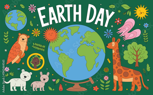 Cute Animals Celebrate Earth Day Around Globe with Flowers and Sunshine Cartoon Style
