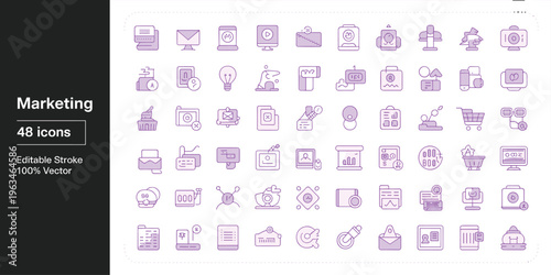 Professional digital marketing icon set featuring forty eight purple linear symbols for social media seo and corporate advertising,