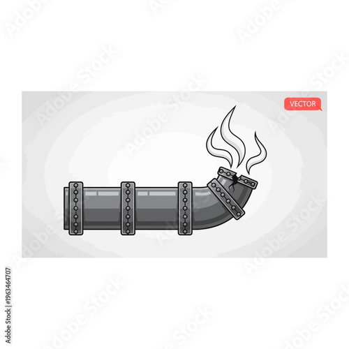 Detailed industrial pipe elbow with dark smoke, monochrome grayscale vector
