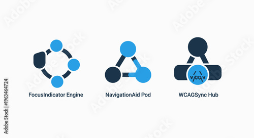 Advanced network foundation engine and data navigation pod icons set featuring digital connectivity hub architecture and technological information processing node graphic design illustration